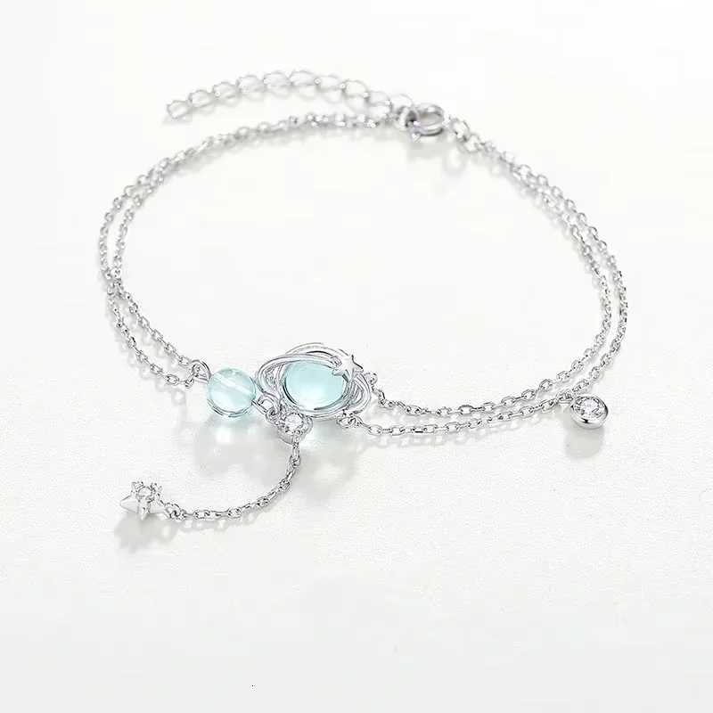 925 Sterling Silver 19CM Double Bracelet Aquamarine Crystal Encrusted Bracelet Elegant Feminine Trend Jewelry Z250807