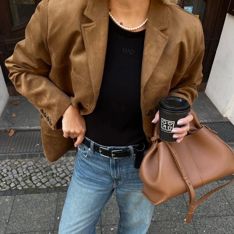 High Street Suede Jacket Cardigan Womens Long Sleeve Loose Lapel Solid Color Fashion Retro For Women Jacket Autumn and Winter 250805