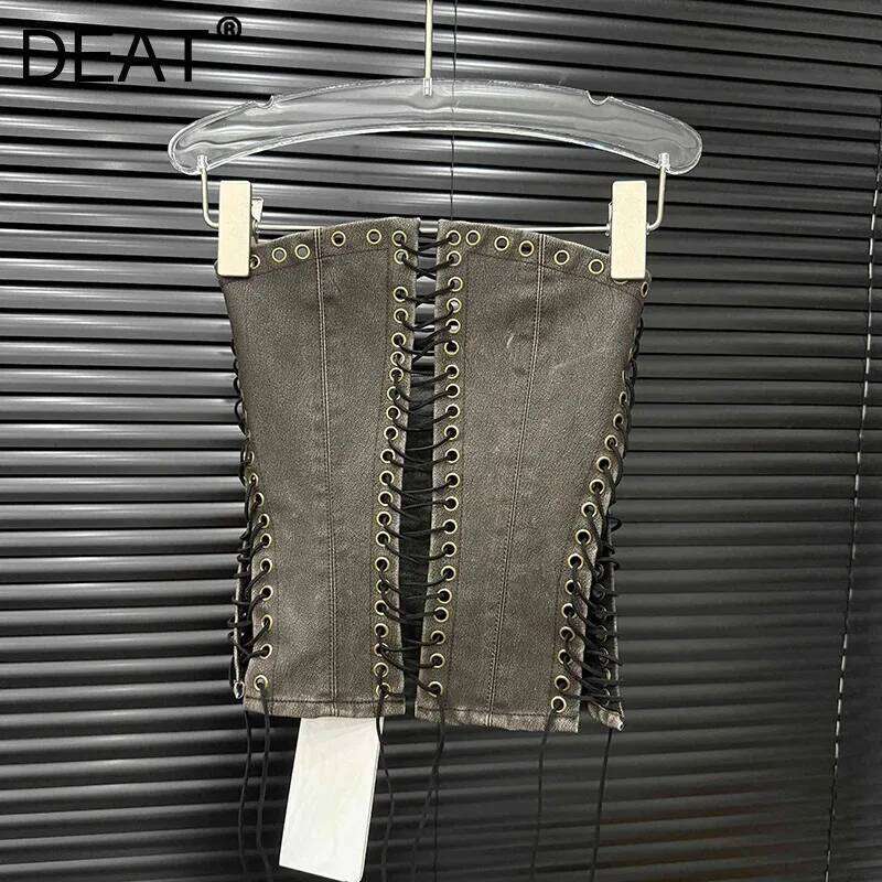 Fashion Vintage Bandage Design Hollow Out PU Short Strapless Vest For Women Outwear High Street Tank Tops Female 11