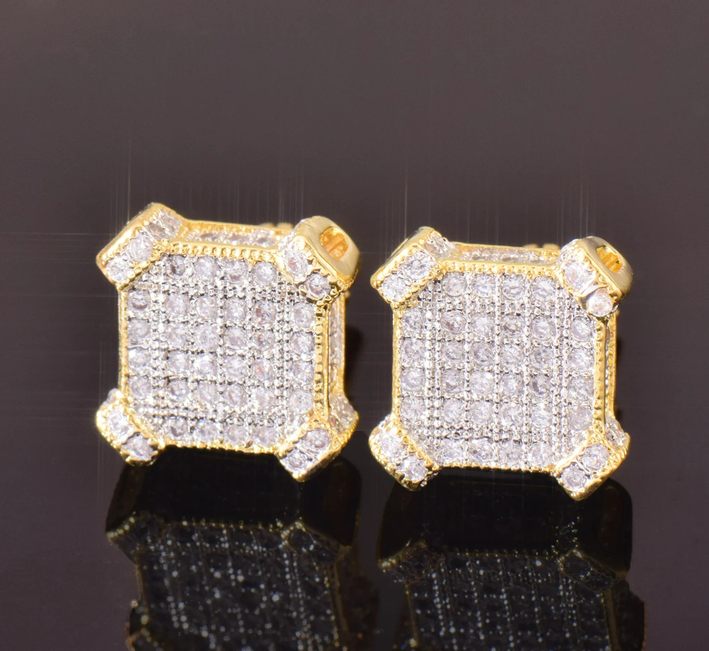CUC 10MM Square Zircon Earring Gold silver Color Men Women Screw Stud Earrings Hip Hop Jewelry Fashion Gift 250807