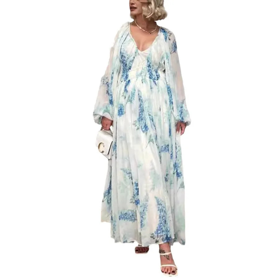Elegant Print Chiffon Long Dresses Women V-neck High Waist Drawstring Folds See Through Long Sleeve Party Dress Female Vestidos 250728
