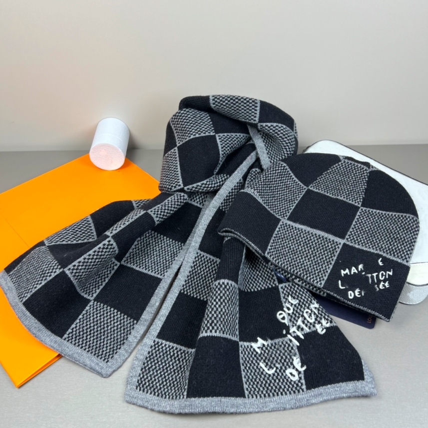 Women's LoisVuton beaine plaid cashmere scarf designer letter hat scarf two-piece set for men and women couples autumn and winter scarf warmth