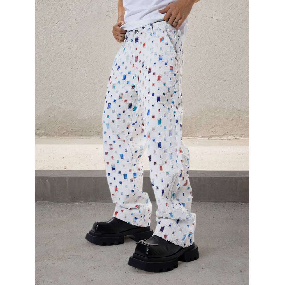 Straight Leg Streetwear White Baggy Jeans for Men Loose Fit Denim Pants Mid Waist Trousers