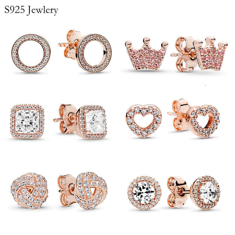 Popular High Quality 925 Sterling Silver Rose Gold Stud Earrings Women Crown Love Round Earring Jewelry Women's Jewelry Accessories