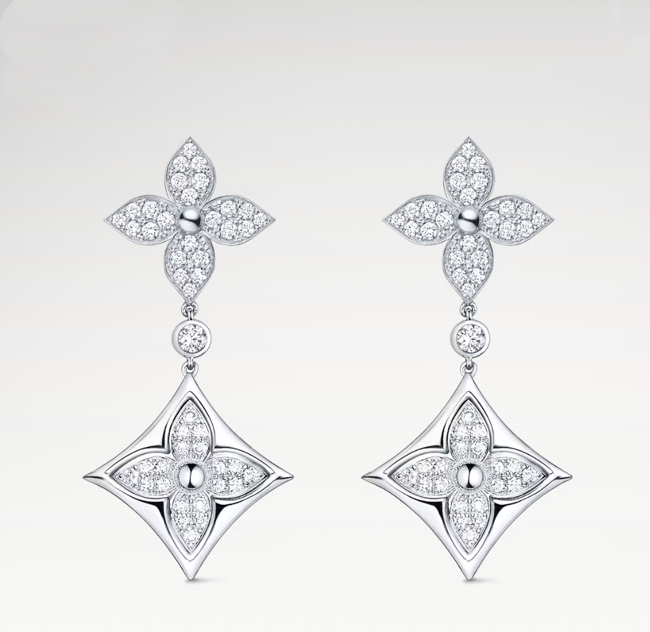 With Box New Luxury Silver Earrings Diamond 2Flowers Crystal Fashion Hoop Earring For Women Wedding Party Brand Studs Never Fade H260202