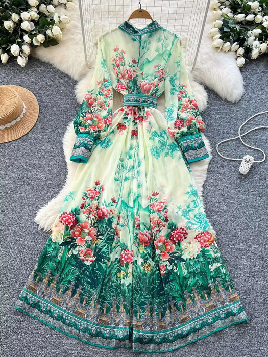 Elegant Style Single Breasted Long Sleeve Floral Maxi Dresses Shirt Women Casual Print Chiffon Dress 250728