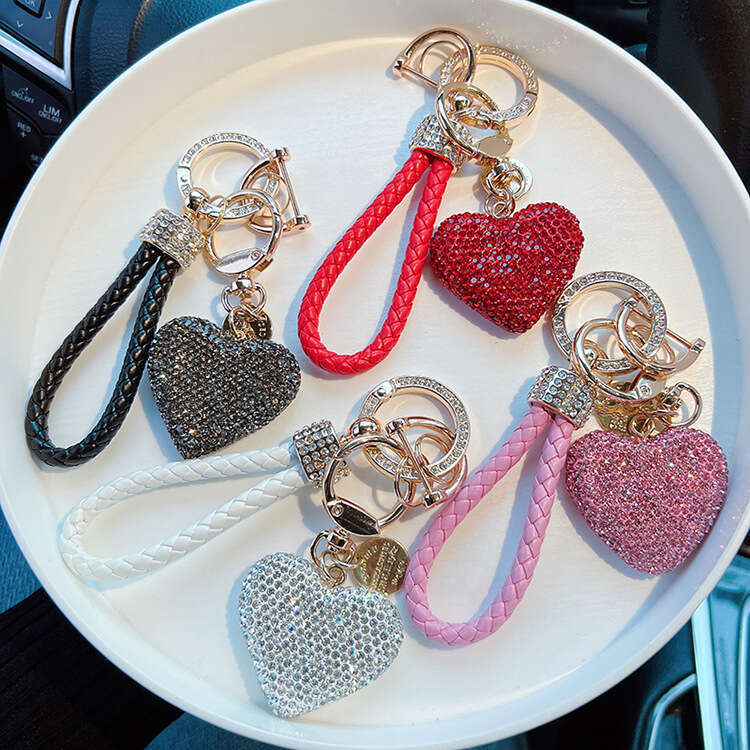Clay Full Drill Heart with Diamond Inlaid Leather Strap Heart-Shaped Car Keychain for Women Exquisite Pendant
