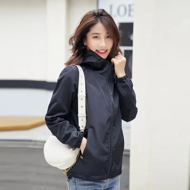 Spring Autumn Womens Jacket Fashion Solid Hooded Basic Coat Thin Windbreaker Long Sleeve Female Casual Short Coat Outwear 250728