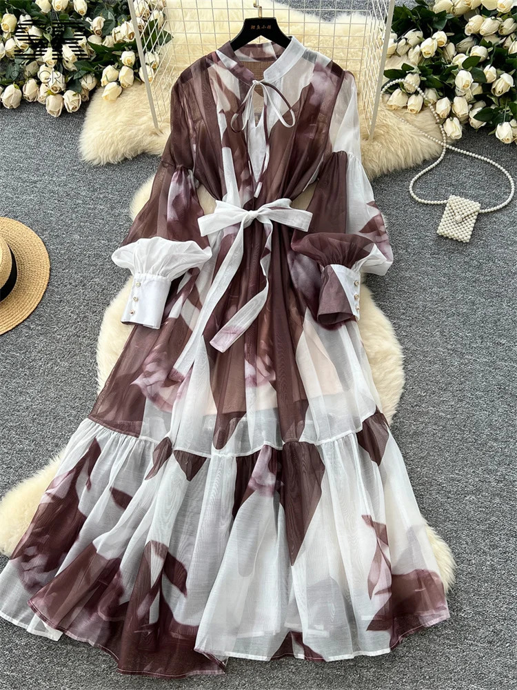 SINGREINY Elegant Print Loose Dress Summer Lantern Sleeves O Neck Sheer Lace Up n 2025 Women French Court Long Sundress 250728