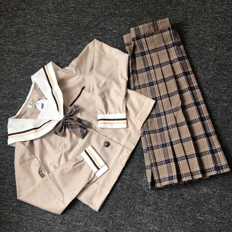 School Dresses Japanese College Middle Uniform For Girls Jk Uniforms Lady Sailor Suit Tea Brown Color Plaid Pleated Skirt 250729