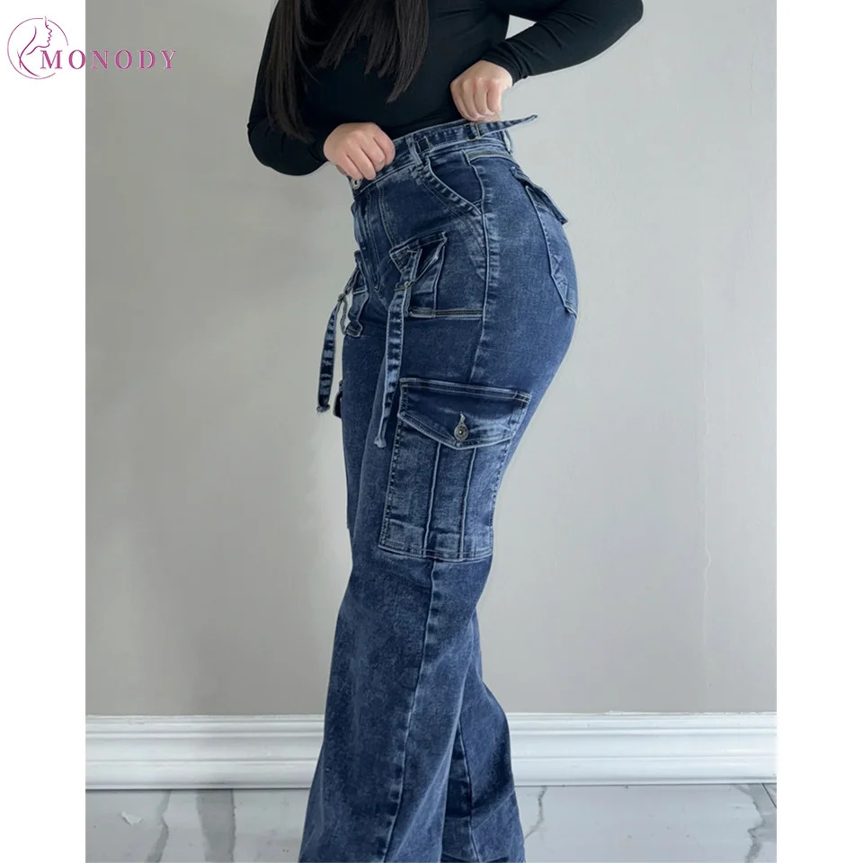 Women Straight Cargo Jeans Womens Streetwear Stretchy High Waisted Jeans Unique Multi-Pocket Female Trousers Pocket 250804