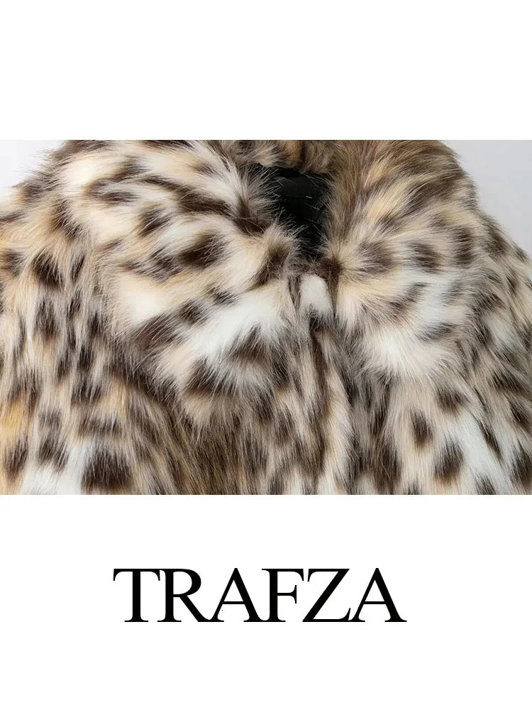 TRAFZA Winter Woman Leopard Print Lapel Faux Fur Loose Coat Pockets Fashion Long Sleeves Fuzzy Jacket Female Warm Outerwear 250806