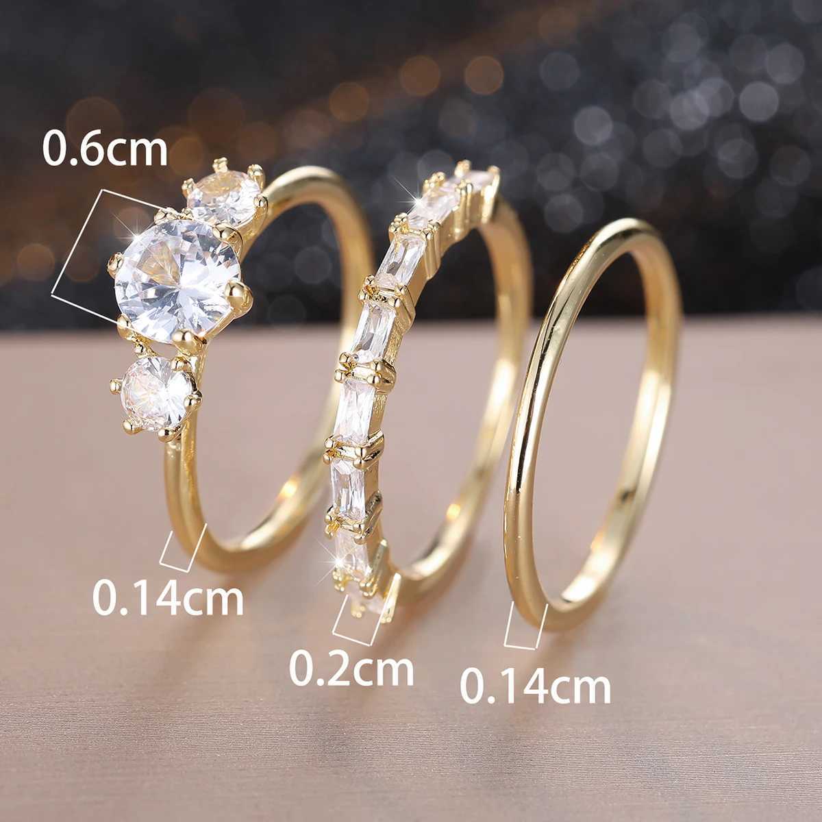 3pcs Luxury Bridal Stacking Thin Ring Sets For Women Gold Color Round White Zircon Wedding Bands Party Mothers Day Jewelry Gifts Y250808