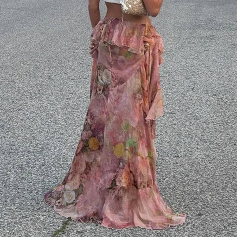 2025 Summer New Women's Bohemian Printed Irregular Long Skirt Holiday Party Retro French A-line Lotus fashion Leaf Edge Skirt Holiday New Designe