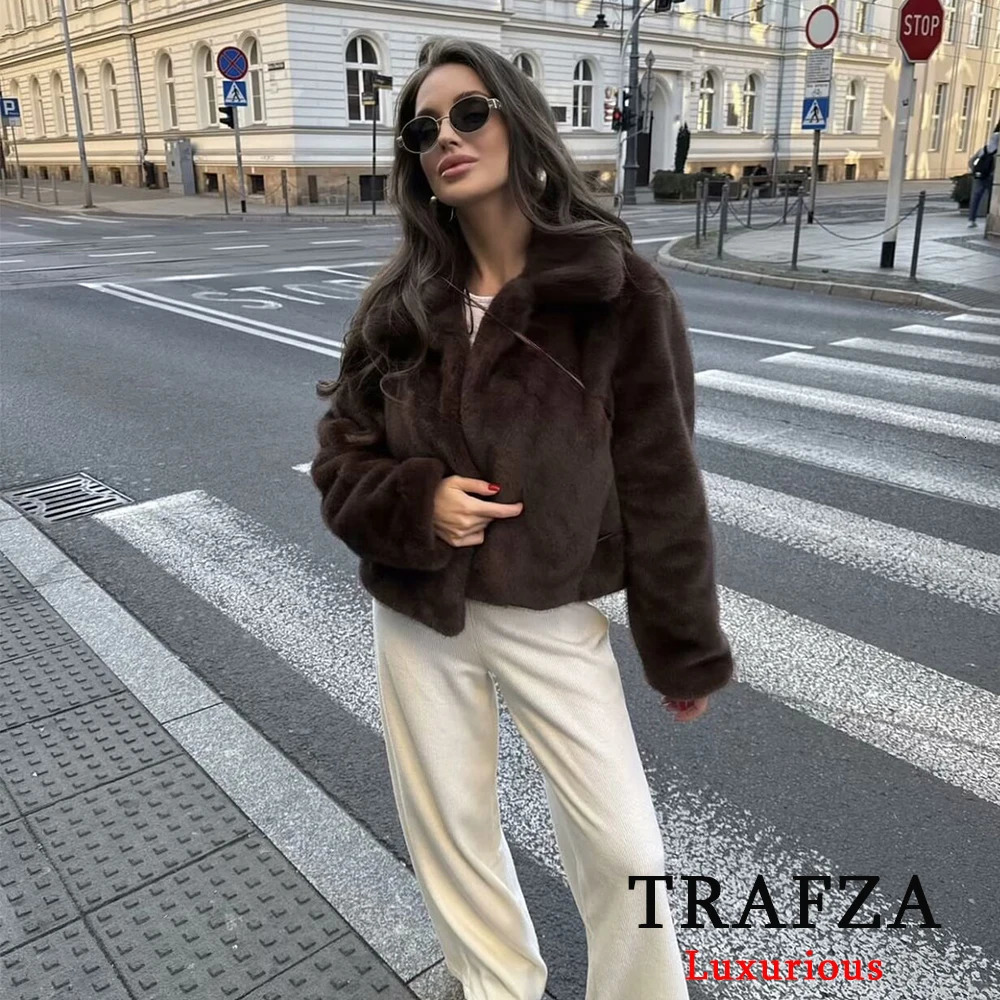 TRAFZA Vintage Causal Faux Fur Jackets Women Long Sleeve Loose Buttons Coats Fashion Spring Brown Fur Coats Elegant Outwear 250806
