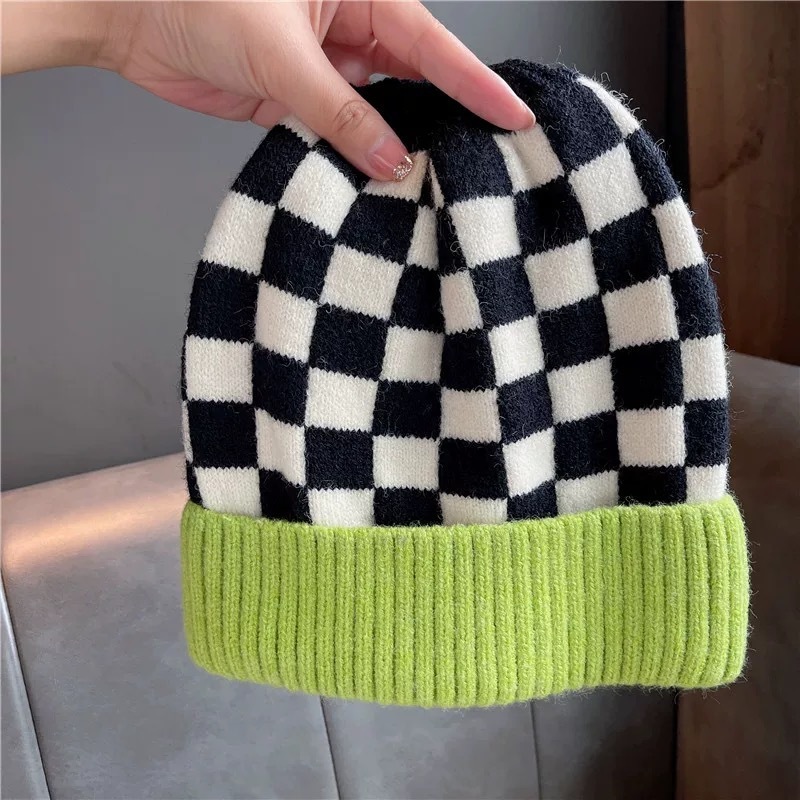 INS New Checkerboard Pattern Contrast Color Knitted Hat Winter Couple Casual Warm Cold Hat Beanie Gorros