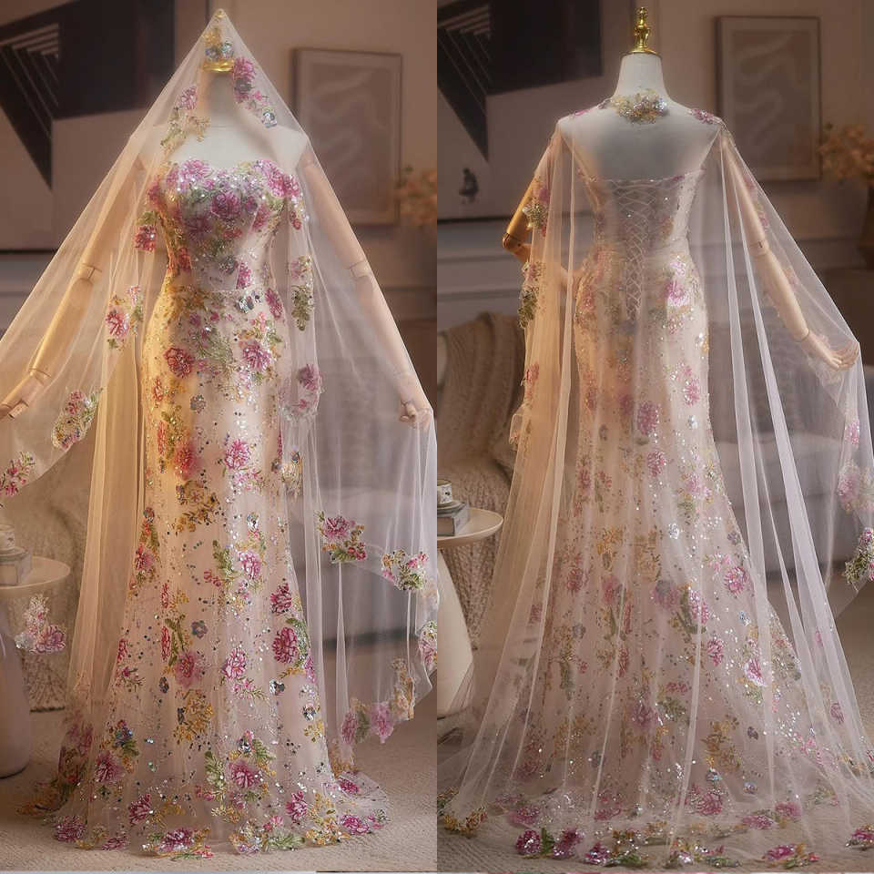 Gorgeous Flowers Wedding Dress Strapless Sleeveless Applique Crystal Bride Gowns Vestido De Novia Customized