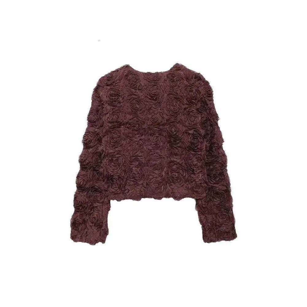 Women Fashion Flower-shaped Textured Cropped Jacket Coat Long Sleeve Snap-button Female Outerwear Chic Tops