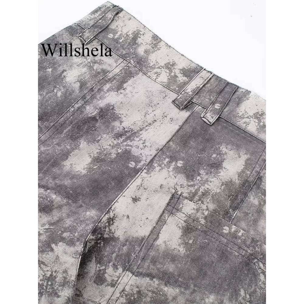 Willshela Women Fashion With Pockets Printed Front Zipper Cargo Pants Vintage High Waist Full Length Female Chic Lady Trousers