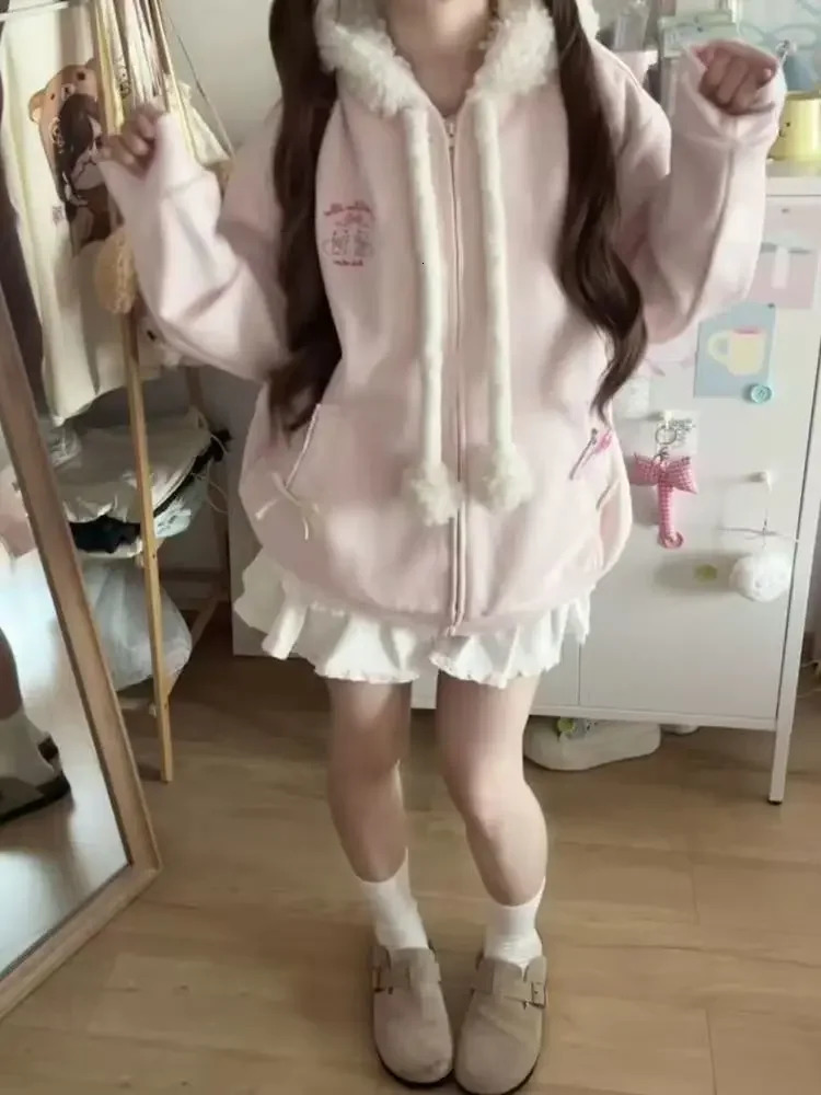Japanese Sweet Hooded Cardigan Sweatshirt Embroidery Women Cute Jacket Spring Autumn Coat Y2k Kawaii Outerwear 250808