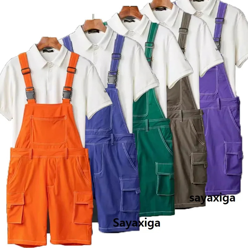 2024Summer men Bib overalls strap pants candy color multi pockets short suspender romper costume joggers Cargo Overalls 250804