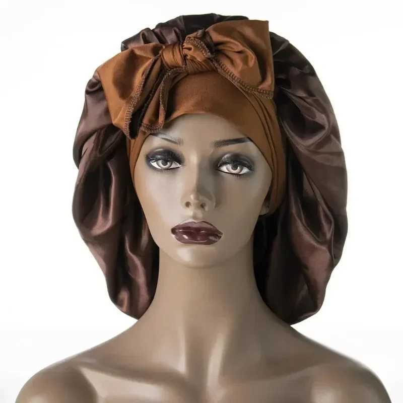 Women Night Sleep Hair Caps Silky Bonnet Satin Double Layer Adjustable Head Cover Hat for Curly Springy Hair Styling Accessories Z250808