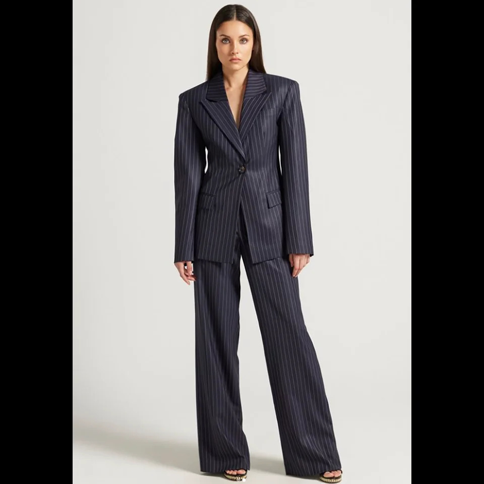Tibetan Blue Stripe Single Button Women Pants Set High-end Female Two PiecesJacketTrousers 250728