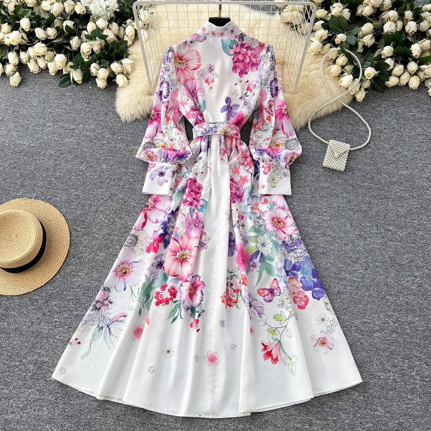 Runway 2025 Spring Summer Floral Print Long Shirt Dress Womens Turtleneck Lantern Sleeve Print Belt Casual Holiday Dress Female 250728
