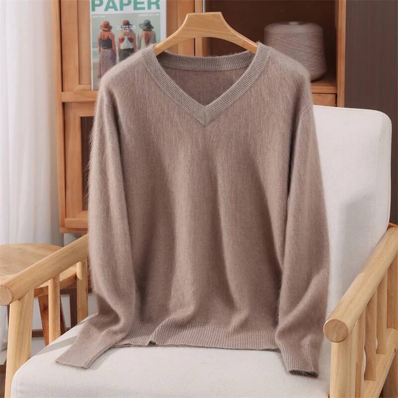 100% Mink Cashmere Sweater V-Neck Versatile Women Knitted Fall Winter Premium Clothes Casual Warm Long Sleeve Pullover dongdumaoyi