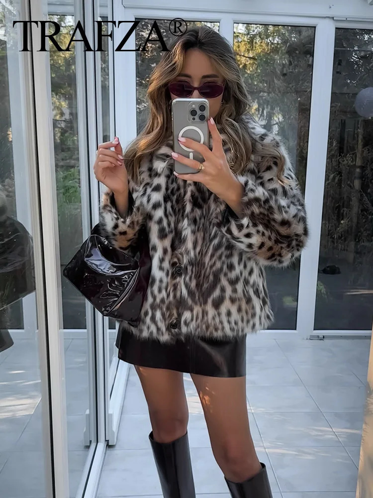 TRAFZA Winter Woman Leopard Print Lapel Faux Fur Loose Coat Pockets Fashion Long Sleeves Fuzzy Jacket Female Warm Outerwear 250806