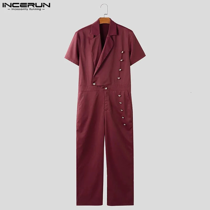 INCERUN Men Rompers Fashion Casual Pants Solid Buttons Overalls Streetwear Long Trouser Male Loose Jumpsuits Wide Leg 250804