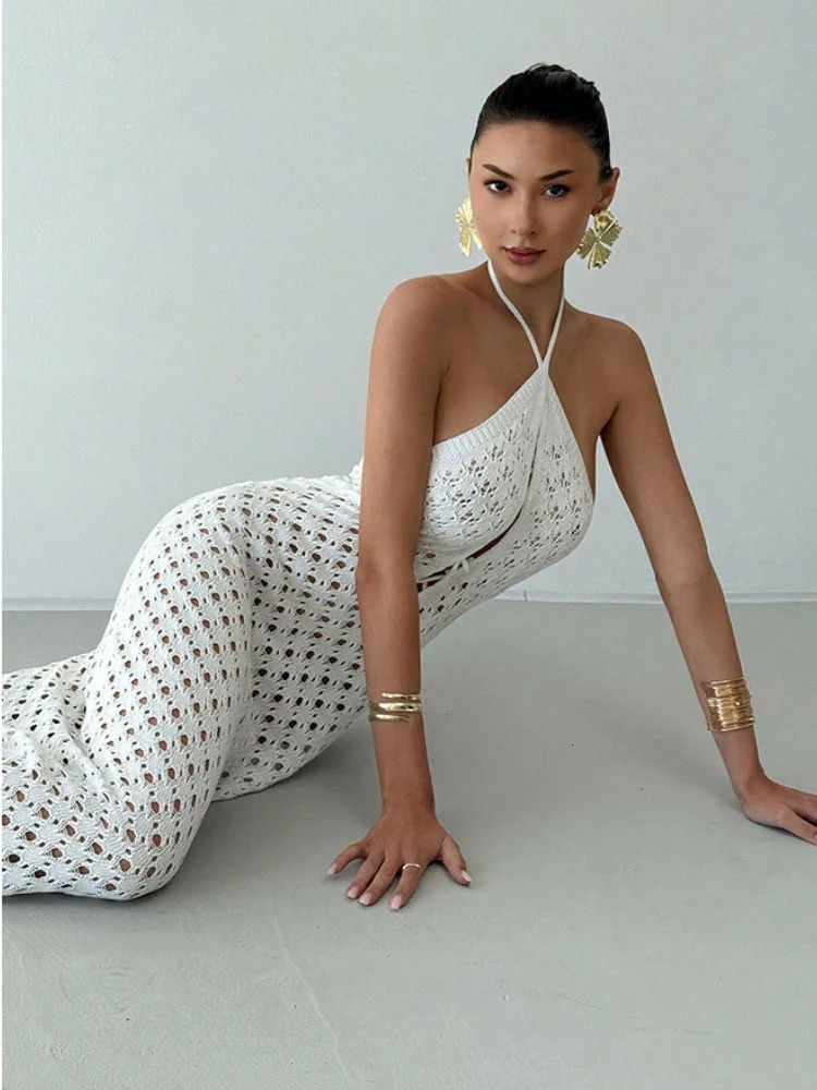 Tossy White Knit Beach Long Dress Women See-Through Lace-Up Backless Hollow Out Loose Sexy Dress Female Knitwear Summer Dress 250804
