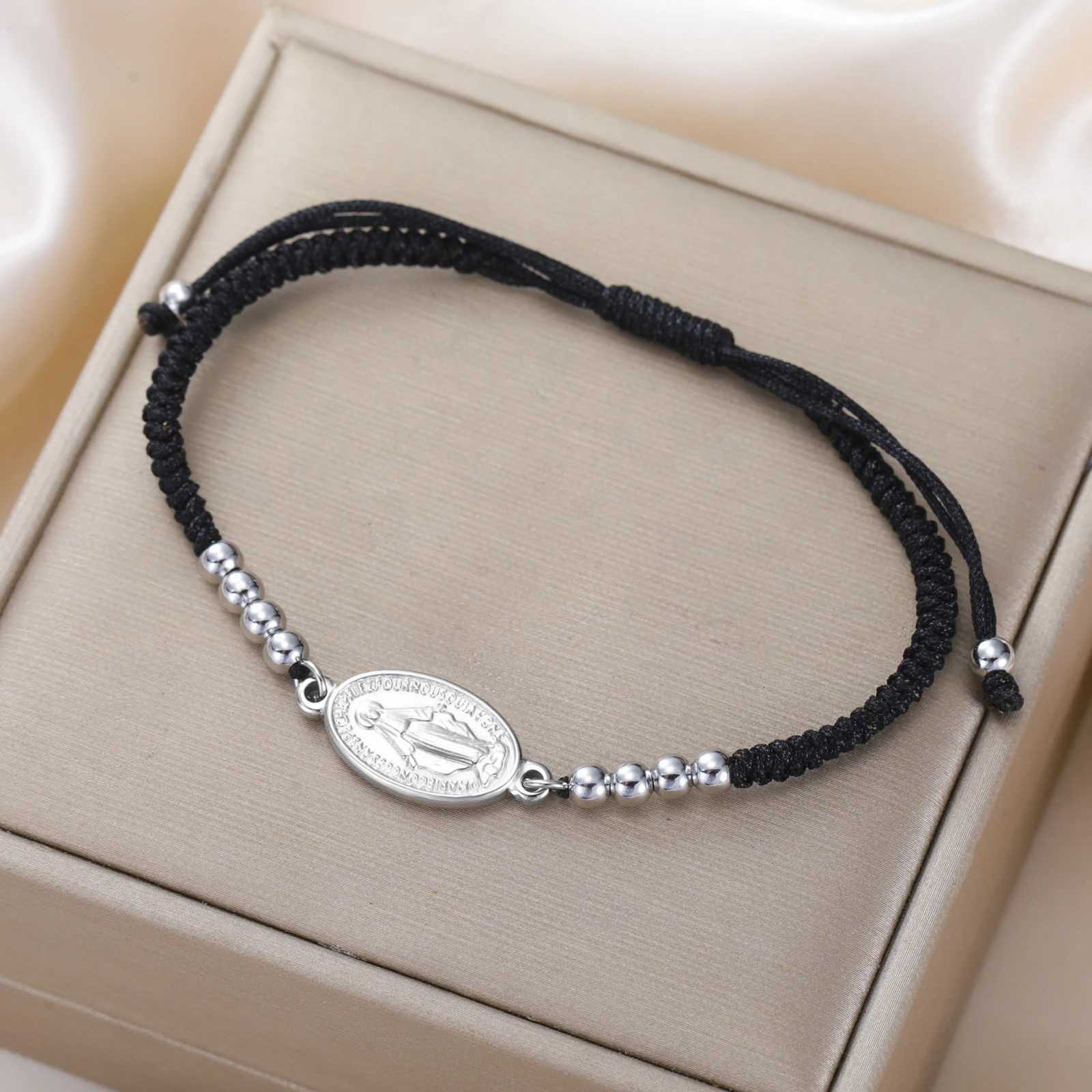 Skyrim Stainless Steel Virgin Mary Charm Bracelet Black Red Braided Rope Bracelets Mother of Jesus Catholic Blessed Jewelry Gift Z250807