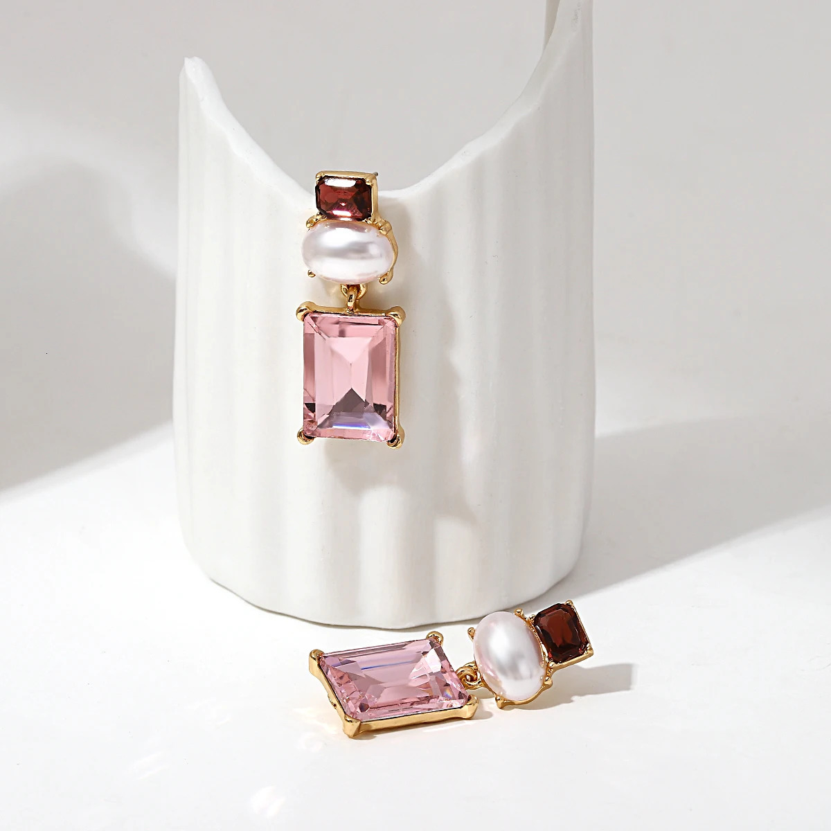 Lifefontier Pink Crystal Geometric Pearl Drop Earrings For Women Sweet Square Rhinestone Wedding Dangle Earring Party Jewelry 250807