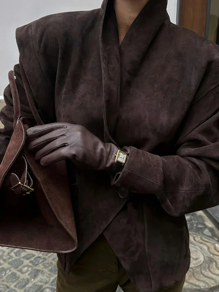 Vintage Brown Suede Jackets Women Fashion Solid V Neck Long Sleeve Pocket Lapel Single Button Jacket Fashion Street Outwear 250805