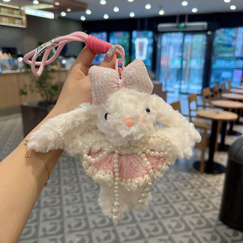 Cartoon Pearl Bow Lace Yarn Skirt Plush Lop-Eared Rabbit Pendant Girly Heart Doll Keychain Bag Charm
