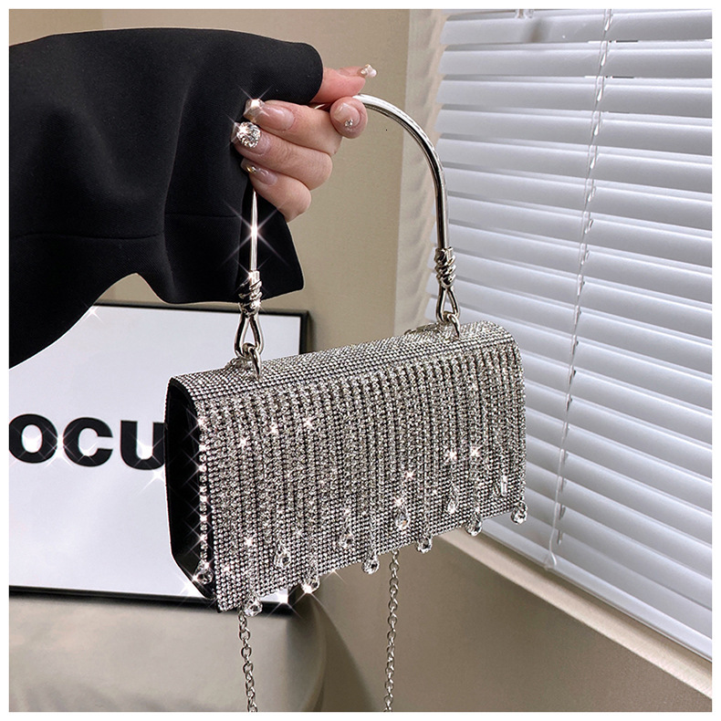 Luxury Brand Designer Bag 2025 Fashion Tassel Rhinestone Handbag For Women, Niche Design With Hot Stamped Rhinestones, Evening Bag With Metal Handle, 
