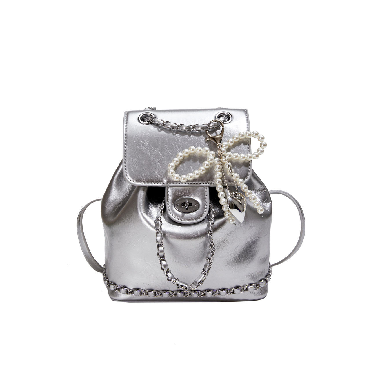 2025 Autumn New Women s trend Backpack Bow Silver PU Women s Backpack New Handbag Lock Design Chain Fashion Backpack New Designer Backpack