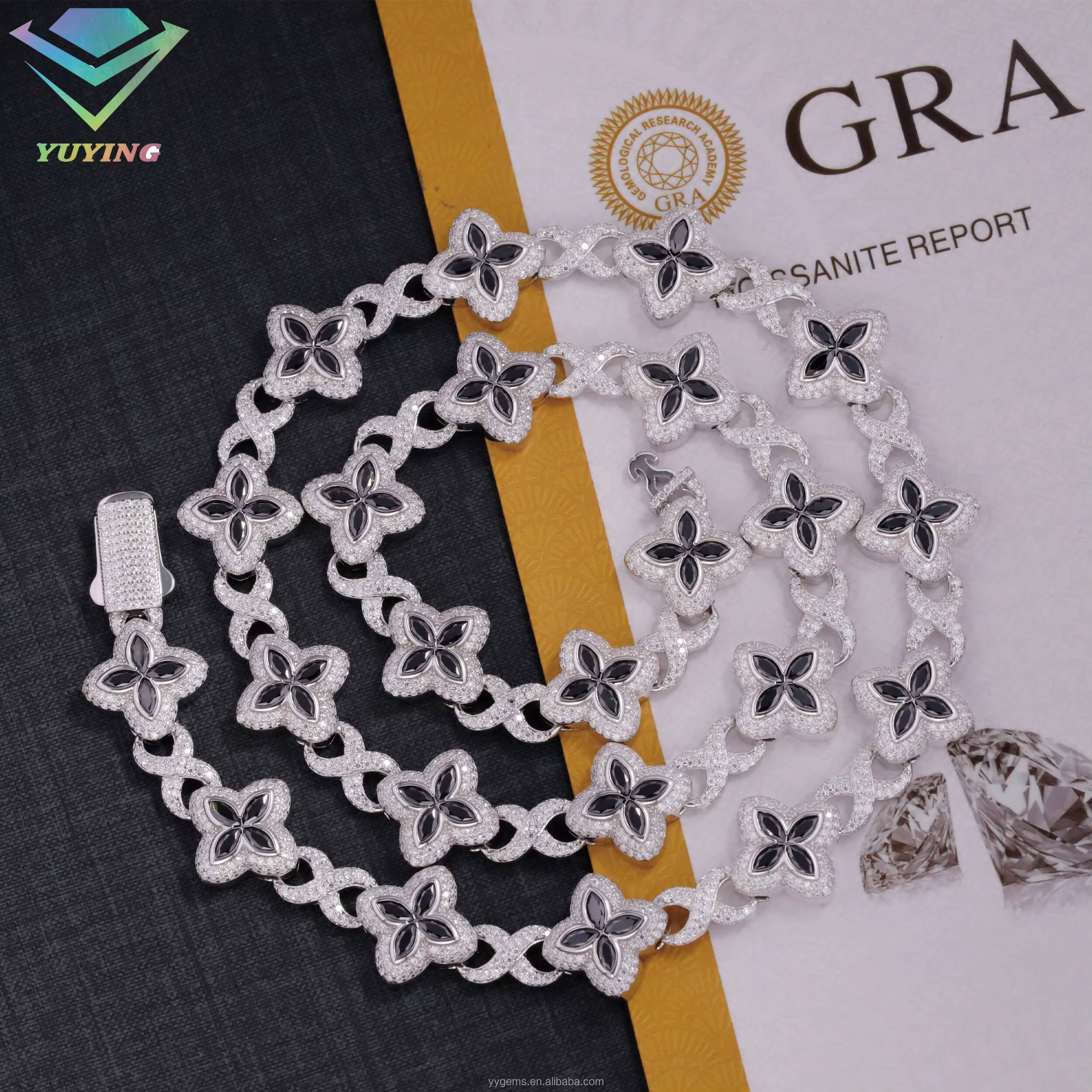 Yu Ying Black Diamond Marquise Moissanite 18K Gold Plated 925 Sterling Silver Four Leaf Clover Infinity Cuban Link Chain Jewelry