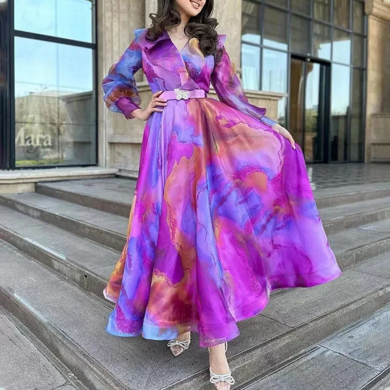 Print Dress Women Long Dresses Full Sleeve Sashes Tight Waist Autumn Female Temperament Elegant Office Lady Vestidos 250728