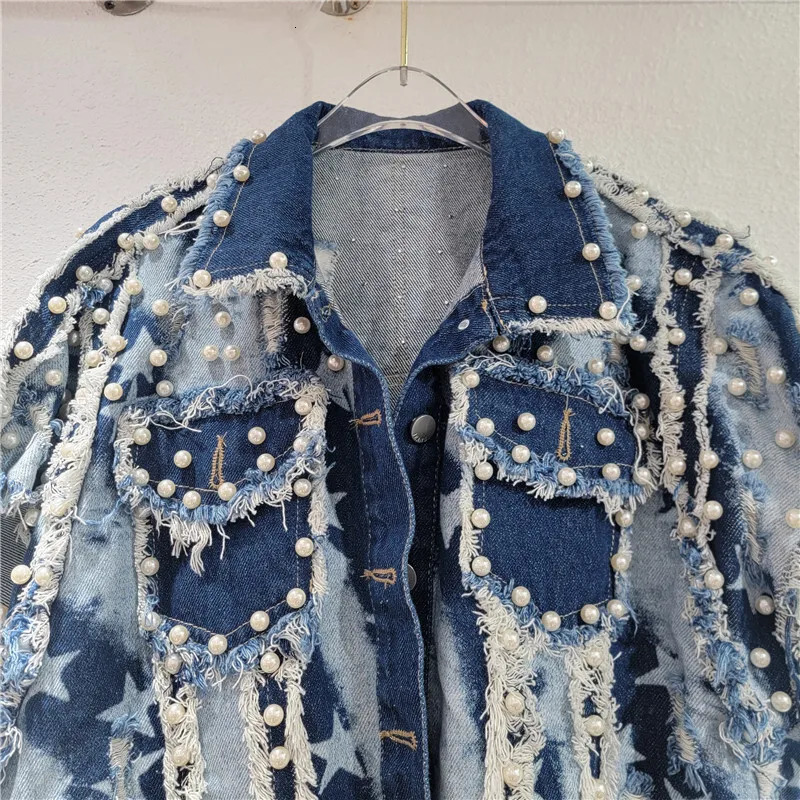 WTHT Trendy Womens Heavy Industy Pearls Irregular Burr Edge Denim Vest Fashion Summer Lapel Loose Waistcoat Female 1LS1554 250804