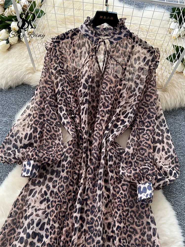 SINGREINY French Style Chiffon Long Dress Autumn Women Stand Collar Lantern Long Sleeves Ruffle Holiday Leopard Print Dress Suit 250728