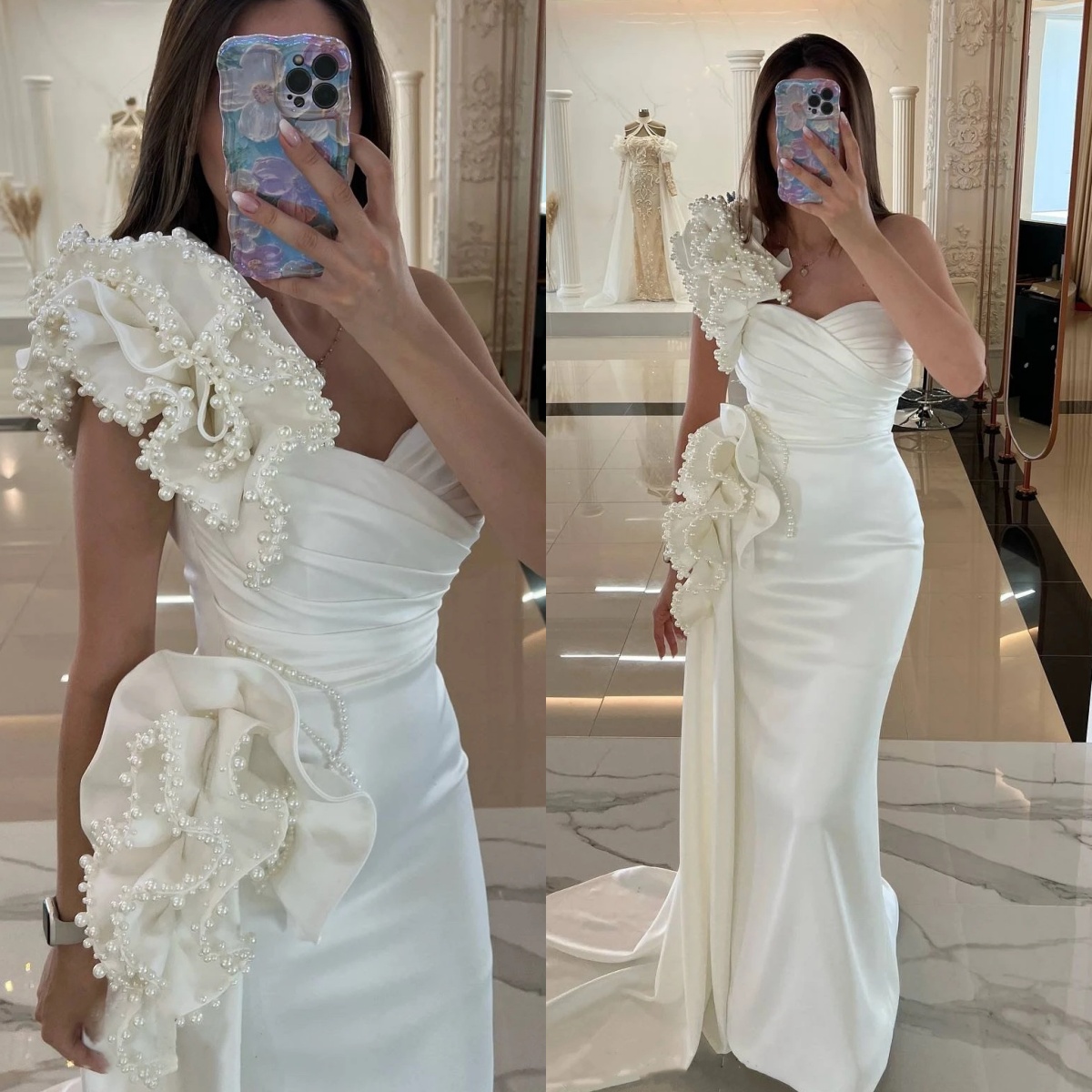 Elegant Pearls Wedding Dresses Ruffle One Shoulder Bridal Gowns with Detachable Train Princess Sleeveless Sweep Train Customized Vestidos de noche