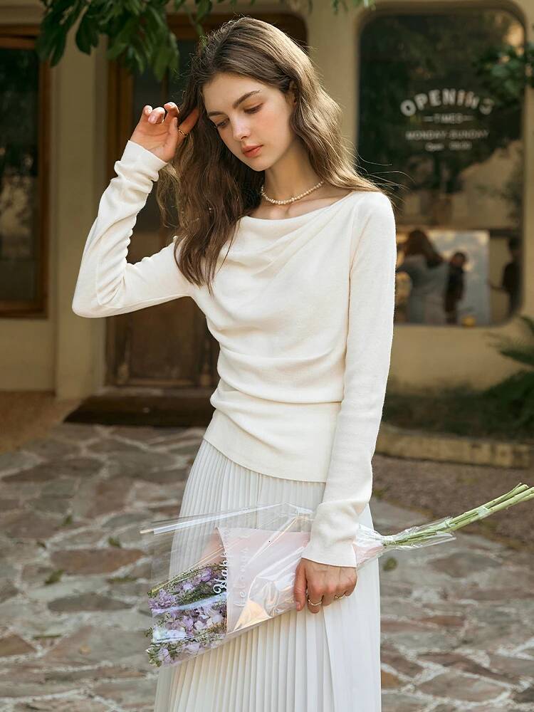 OLrain Women's Apricot White Sweater 2025 Autumn Winter Ladies Knitwears Asymmetrical Long Sleeve Tops for Woman M57CZ95633 dongdumaoyi