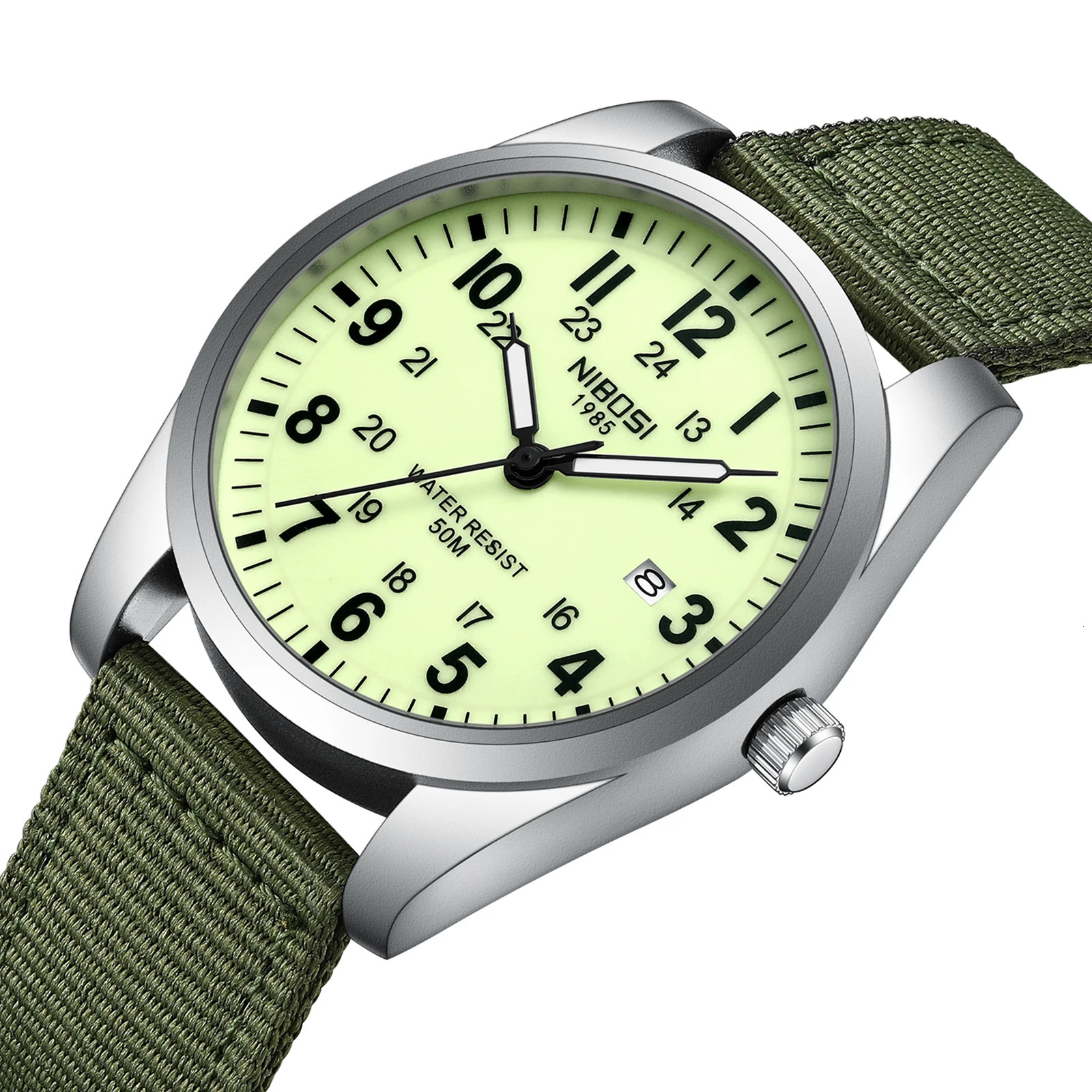 NIBOSI Mens Watches Analog Military Watch with Calendar Luminous Dial Green Nylon Strap Waterproof Mens Wrist Watches Vintage 250807