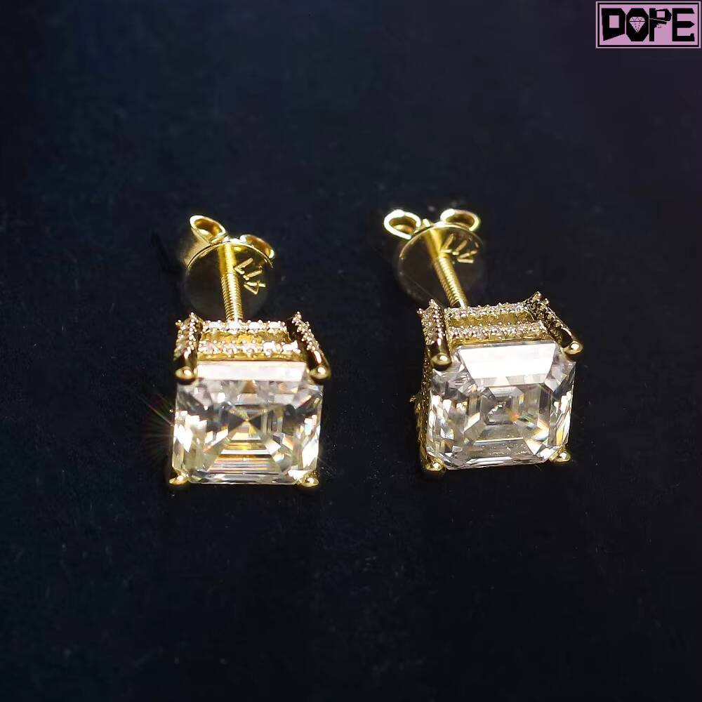 High Quality Moissanite Earrings 14k Real Gold Square Emerald Cut D Grade VVS Moissanite Stud Earring