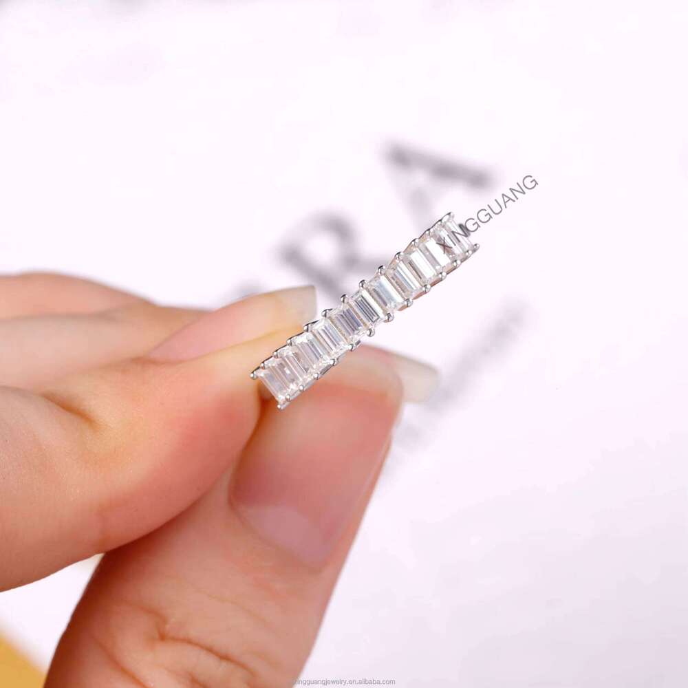 Custom Women Emerald Cut Moissanite Half Eternity Band White Solid Gold for Engagement Wedding Ring Jewelry