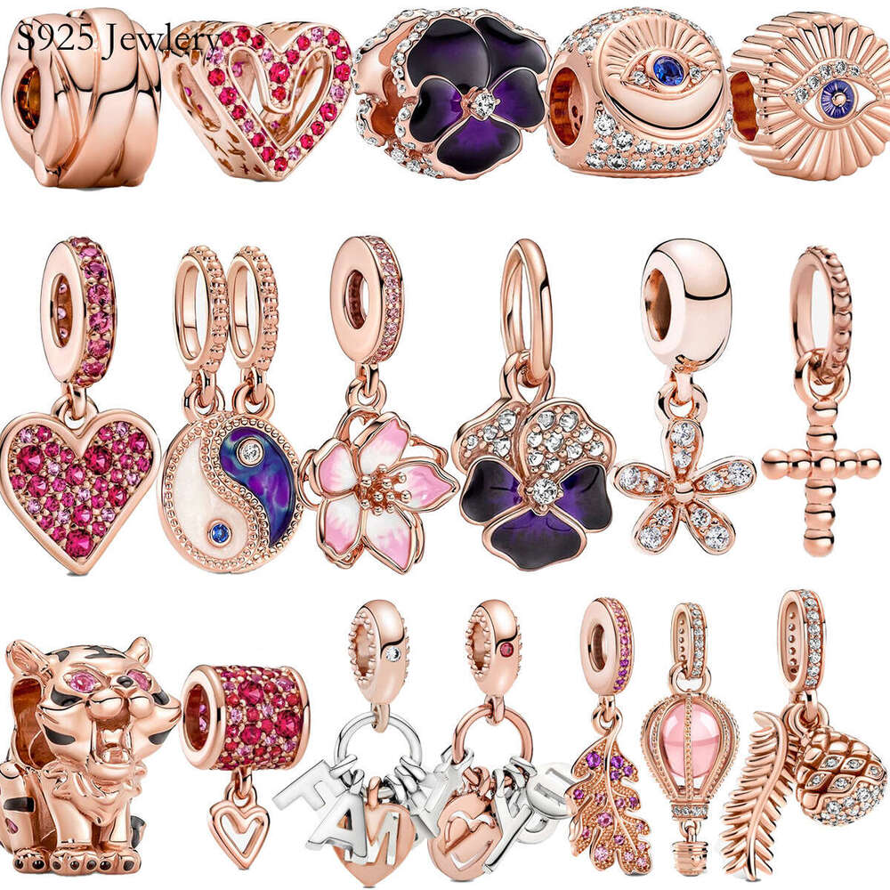 New Popular 925 Sterling Silver Charm Vermiculite Rose Golden Flower Tiger Cross Love Suitable For Jewelry Gifts