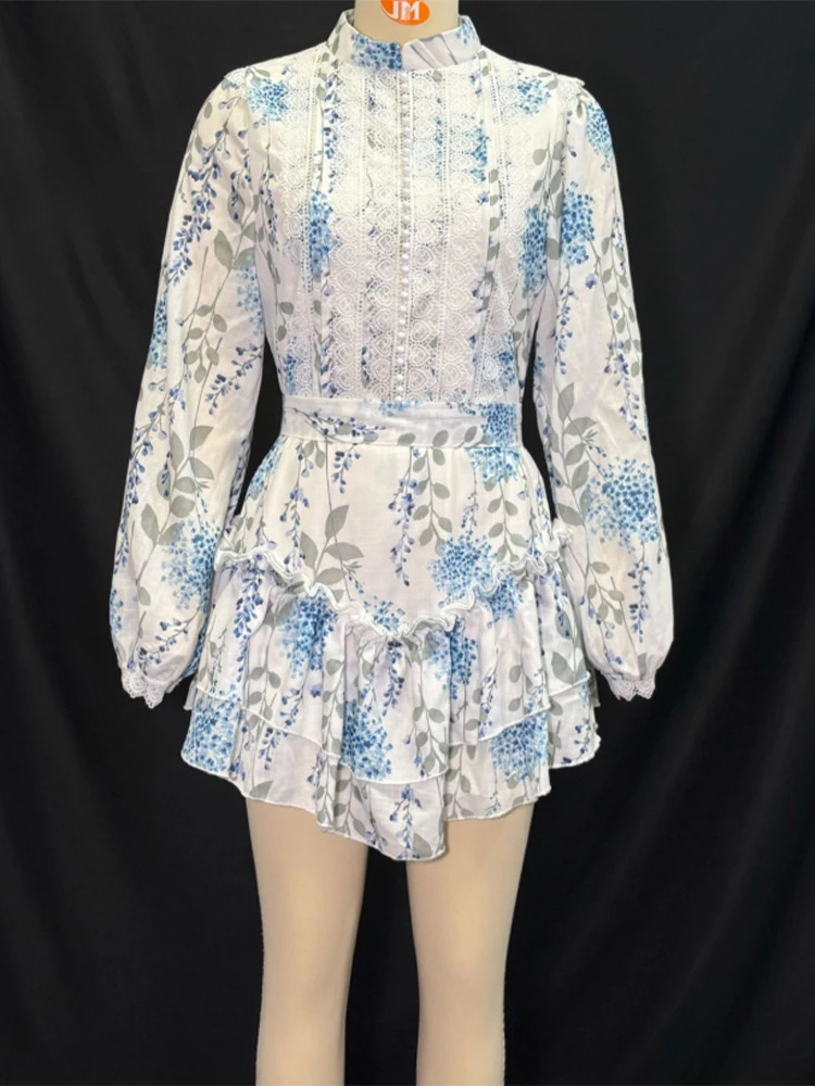 Casual Print Mini Dress Women Loose O Neck Long Sleeves Belt Lace Vestidos Female 2025 Summer Fashion Chic Ruffles Dresses 250728
