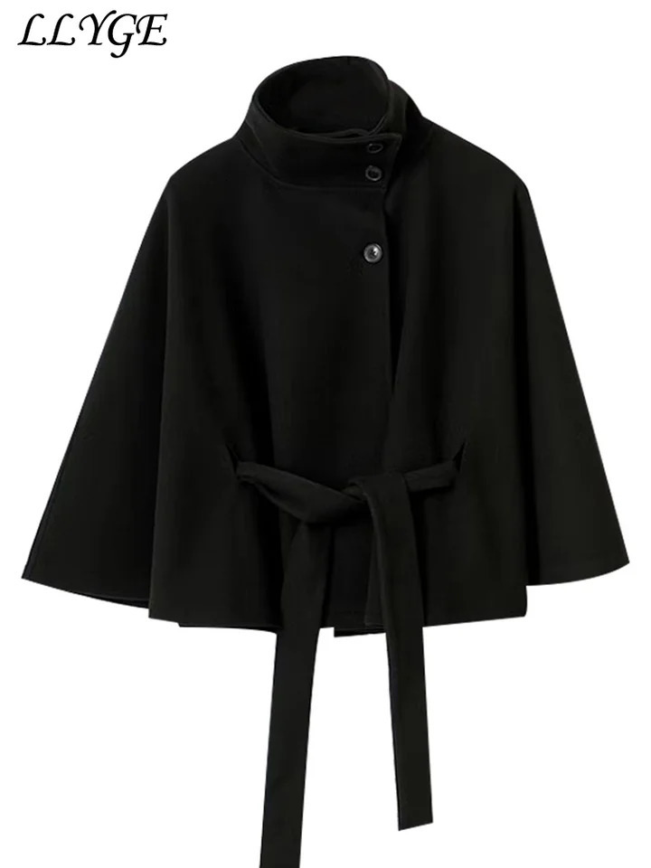 Elegant Womens Cape Belt Woolen Coats Loose Stand Collar Singlebreasted Batwing Sleeve Jacket 2025 Autumn Lady Chic Outwear 250808